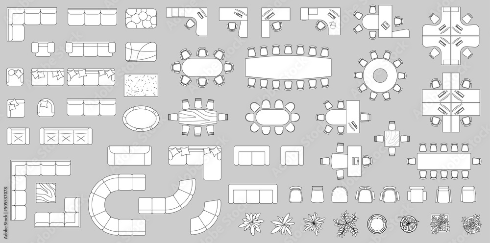 Furniture elements top view for plan of office, house, apartment, workspace. Vector set of objects. Collection of Interior icon. Kit with Table, chair, sofa, plant. Symbol for interior design, project - obrazy, fototapety, plakaty 