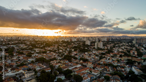 Aerial view of Sao Paulo at sunset with Congonhas Airport in the background. In the neighborhood of Planalto Paulista