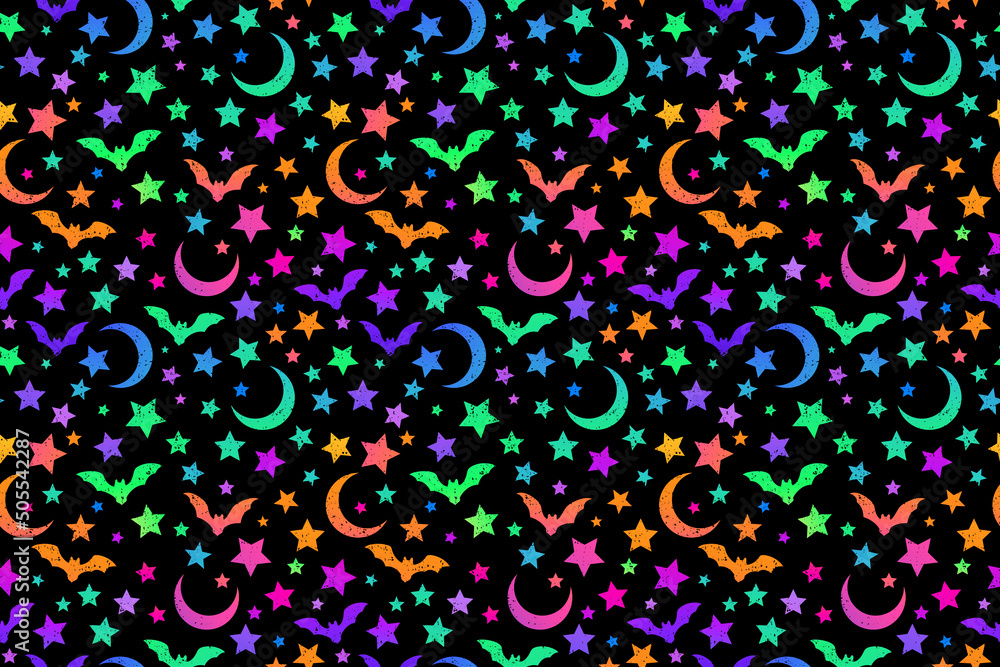 jpg seamless pattern of multicolored bright bats, moon and stars jpg seamless pattern of multicolored bright bats, moon and stars