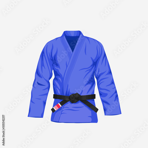 Blue BJJ Gi with black belt vector illustration in flat style. Brazilian Jiu-Jitsu white kimono. Isolated. on black background.	
