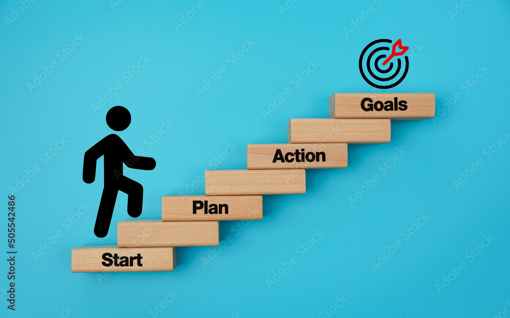 Stickman climbing the ladder of success on blue background, action and goals. successful business. Stickman climbing the ladder of success on blue background, action and goals. successful business.