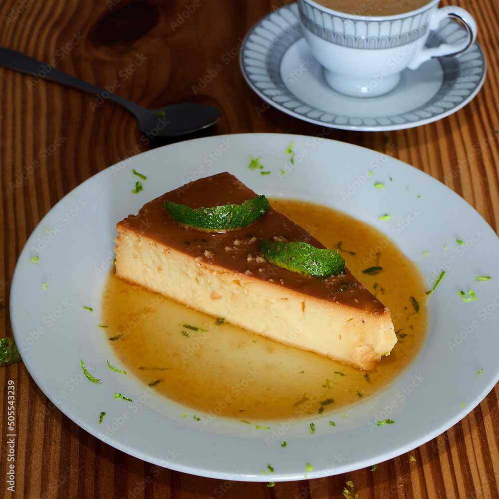 quesillo dessert with coffee on a plate quesillo dessert with coffee on a plate
