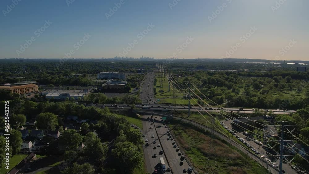 Busy highway with NYC skyline in the distance Busy highway with NYC skyline in the distance