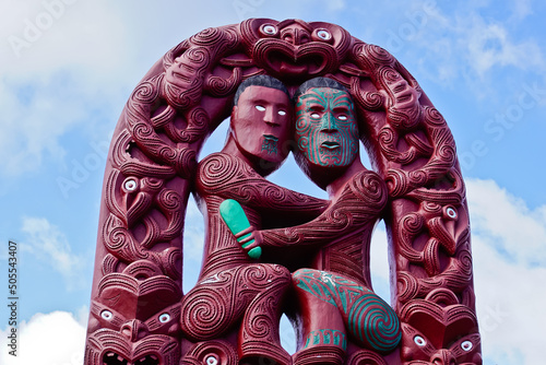 Closeup of Maori wood carving New Zealand