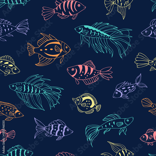 Seamless vector pattern with sketch of sea fish. Sea seamless vector pattern. Decoration print for wrapping, wallpaper, fabric.