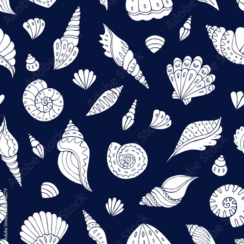 Seamless vector pattern with sketch of seashells. Sea seamless vector pattern. Decoration print for wrapping, wallpaper, fabric. 