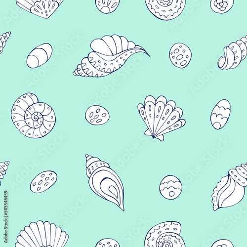 Seamless vector pattern with sketch of sea shells. Sea seamless vector pattern. Decoration print for wrapping, wallpaper, fabric.