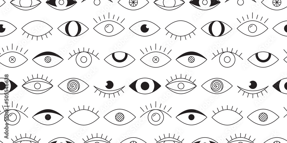 Fototapeta premium Eye vector seamless pattern, black and white character print, cute doodle texture, retro look wallpaper. Cartoon illustration