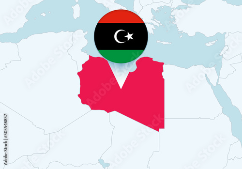 Africa with selected Libya map and Libya flag icon.