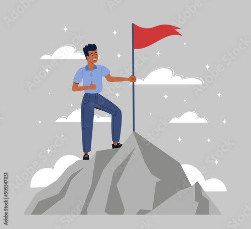 New milestone concept. Man with flag on mountain, pioneer and leader of his time. Innovation and development. Young guy on top, achieving goals and motivation. Cartoon flat vector illustration