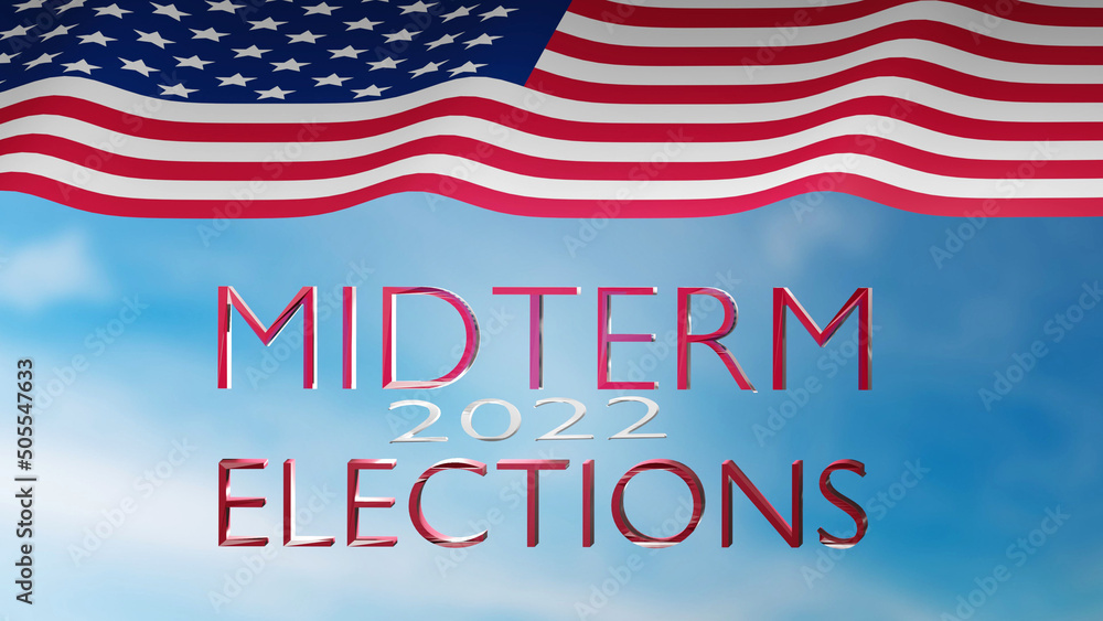 USA midterms. U.S. midterm elections 2022 background with banner sign American Flag and text. 3D render illustration.
