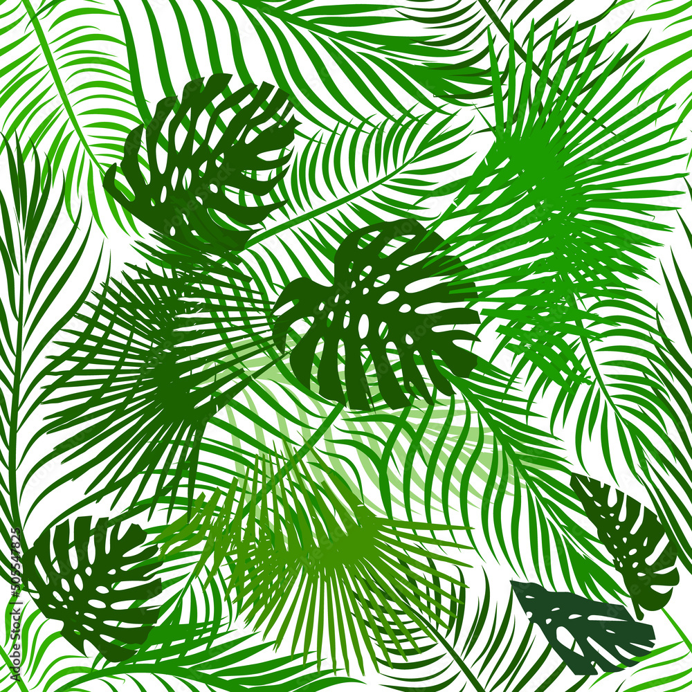 Seamless green background palm leaves. Monstera leaves. Vector illustration