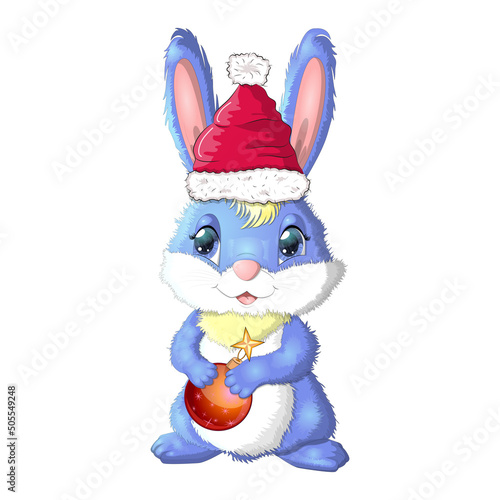 Cute cartoon bunny in santa hat with christmas ball. Winter 2023, Christmas and New Year © MichiruKayo