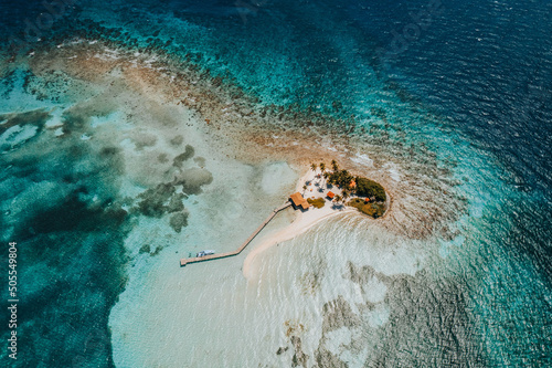 Aerial top view of the Goff's Caye island in the Caribbean Sea, Belize, Central America photo