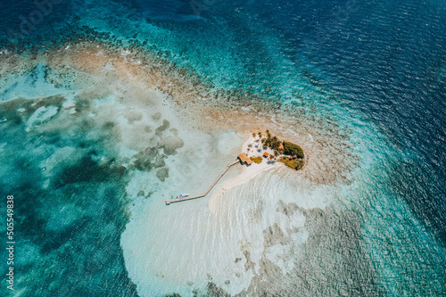 Aerial top view of the Goff's Caye island in the Caribbean Sea, Belize, Central America