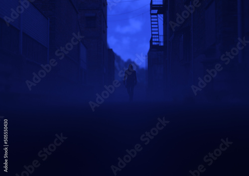 Mysterious man in a hoodie walks in a misty abandoned urban alley at dusk. 3D render.