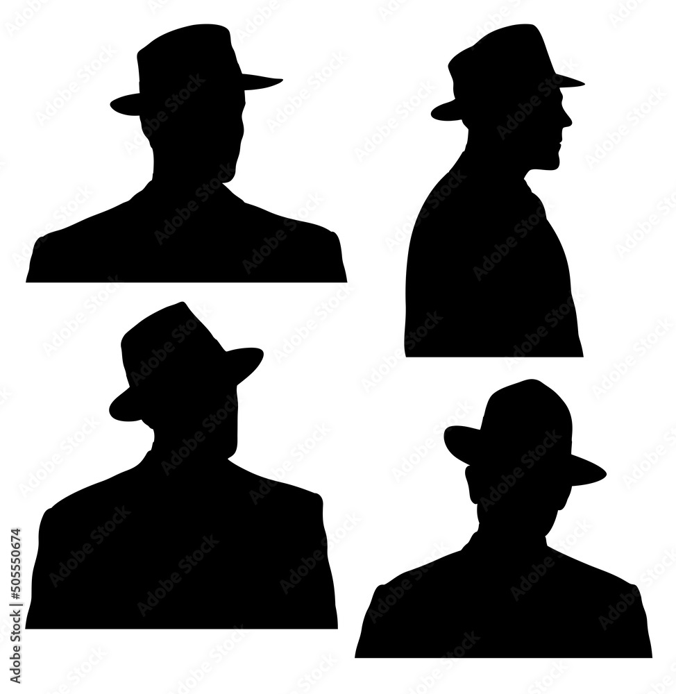 Set of four portrait silhouettes of men with fedora hat. Men dressed in 1940s style. - obrazy, fototapety, plakaty 