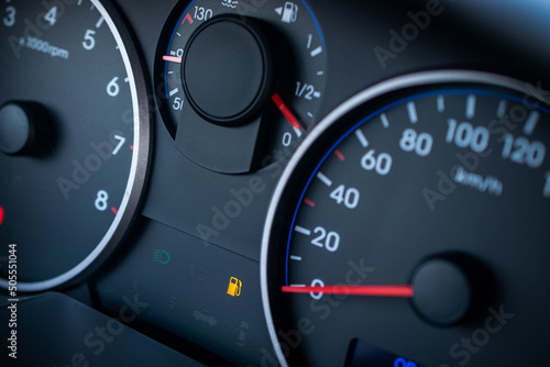 Fuel car gauge empty. Petrol tank meter car indicator on dashboard. Low gasoline level. Empty fuel gas gauge.