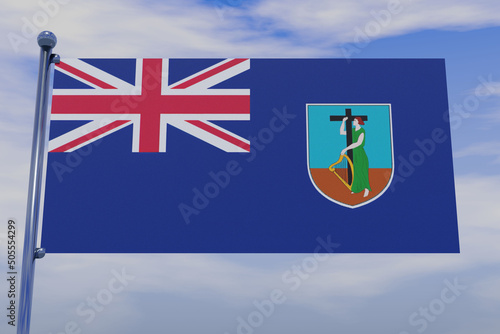 3D illustration of the flag of Montserrat with a chrome flag pole with snap hooks in a blue sky