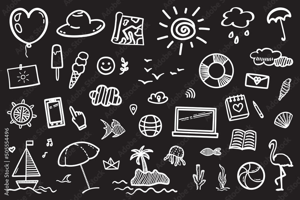 Hand drawn holiday elements. Summer holidays. Signs and symbols. Black and white illustration Hand drawn holiday elements. Summer holidays. Signs and symbols. Black and white illustration