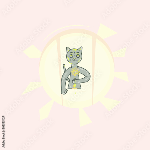 Vector smiling grey cat pet, kitten holding a yellow flower, located on circle background in the form of sun with sunny rays, light. Cat with shut eyes with colorful flower, plant in paw.