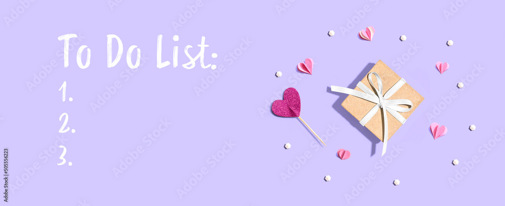 To Do List theme with a small gift box and paper hearts