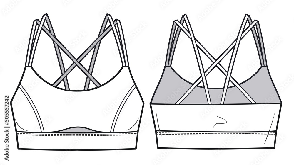 Girl's Sport Bra fashion flat sketch template. Women's Active wear Crop Top  technical fashion illustration, front and back view, white. Bra fashion  cad. Stock Vector