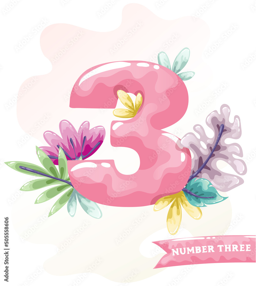 Number three 3. Candy pink numbers with floral elements. Baby girl birthday letters. Sweet glossy font