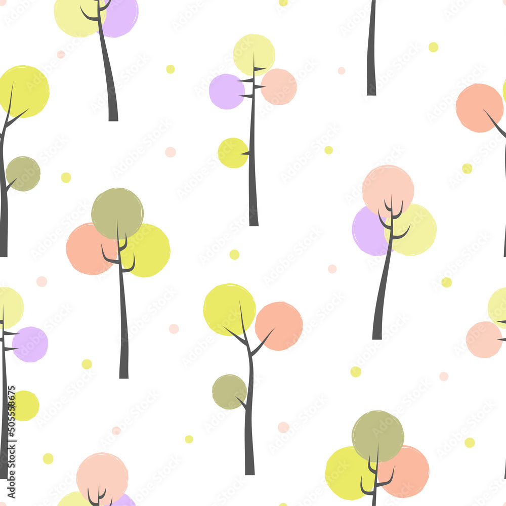 Seamless cartoon forest pattern. Baby print with cute colorful trees.