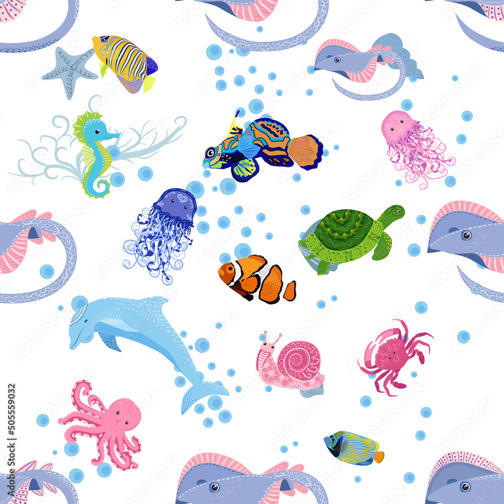 Marine life, fish, animals bright seamless pattern. sea travel, underwater diving animal tropical fish. Jellyfish, whale, shark, seahorse, clown fish, dolphin, turtle, emperor Marine life, fish, animals bright seamless pattern. sea travel, underwater diving animal tropical fish. Jellyfish, whale, shark, seahorse, clown fish, dolphin, turtle, emperor