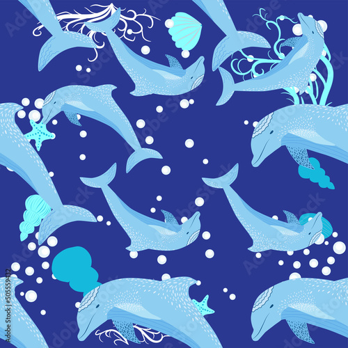 Dolphin  sea inhabitants seamless pattern  beautiful character among seashells  algae  starfish  marine wildlife