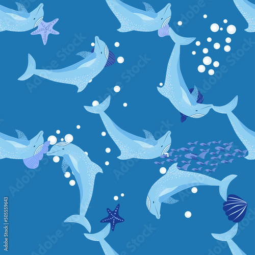 Dolphin  sea inhabitants seamless pattern  beautiful character among seashells  algae  starfish  marine wildlife