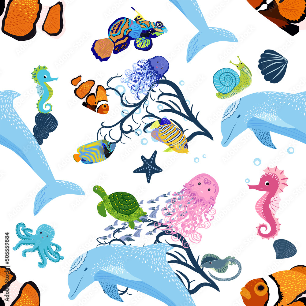 Obraz premium Marine life, fish, animals bright seamless pattern. sea travel, underwater diving animal tropical fish. Jellyfish, whale, shark, seahorse, clown fish, dolphin, turtle, emperor