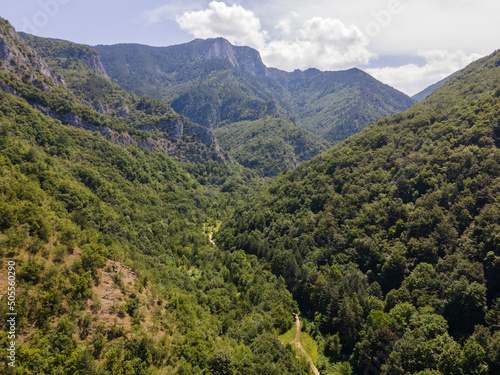 Aerial view of Rhodopes near The Red Wall peak, Bulgaria photo