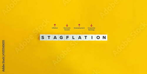Stagflation Concept, Word, and Banner. Letter Tiles on Yellow Background. Minimal Aesthetics. photo