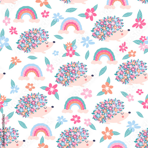 seamless childish floral pattern with flowers and cute hedgehogs on black background