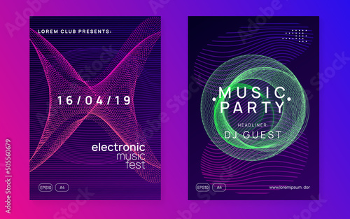 Neon techno event flyer. Electro dance music. Electronic sound. Trance fest poster. Club dj party.