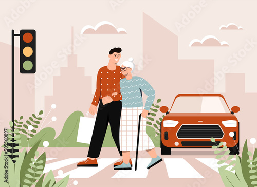 Concept of assistance. Young guy takes his grandmother across road. Volunteer helps elderly signora, care and support, charity. Characters on street, road traffic. Cartoon flat vector illustration