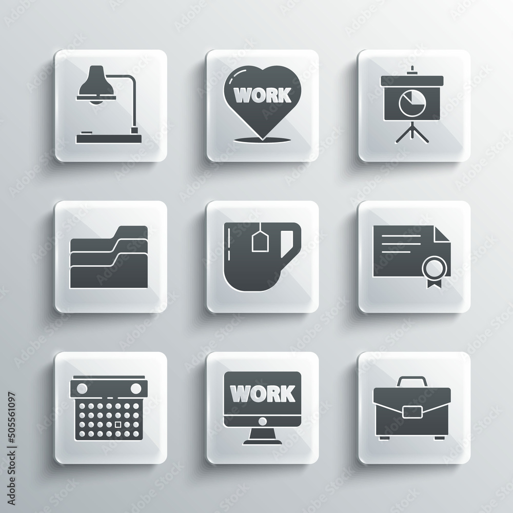 Set Monitor with text work, Briefcase, Certificate template, Cup of tea tea bag, Calendar, Document folder, Table lamp and Chalkboard diagram icon. Vector Set Monitor with text work, Briefcase, Certificate template, Cup of tea tea bag, Calendar, Document folder, Table lamp and Chalkboard diagram icon. Vector