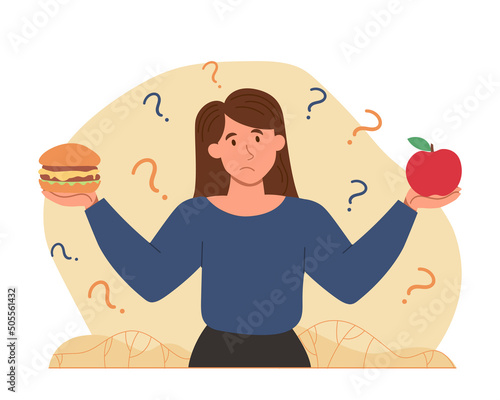Overweight woman choice. Young girl makes meal plan, fast food or fruits. Diet and nutrition, active and healthy lifestyle against laziness. Athlete burns fat. Cartoon flat vector illustration