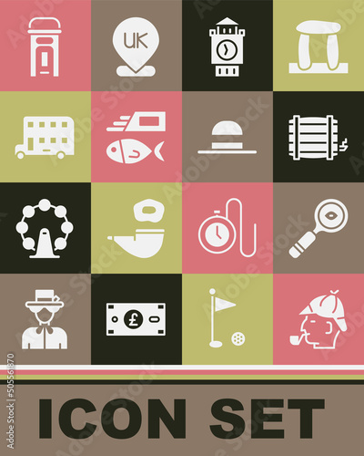 Set Sherlock Holmes, Magnifying glass, Wooden barrel, Big Ben tower, Fish and chips, Double decker bus, London phone booth and Elegant women hat icon. Vector