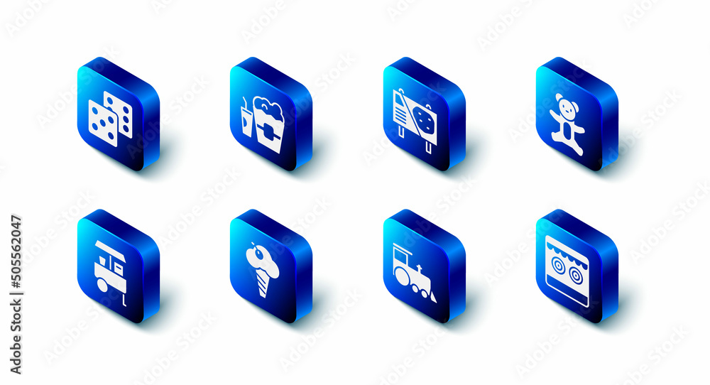 Set Popcorn in box and glass, Amusement park billboard, Teddy bear plush toy, Shooting gallery, Toy train, Ice cream waffle cone, Fast street food cart and Game dice icon. Vector Set Popcorn in box and glass, Amusement park billboard, Teddy bear plush toy, Shooting gallery, Toy train, Ice cream waffle cone, Fast street food cart and Game dice icon. Vector