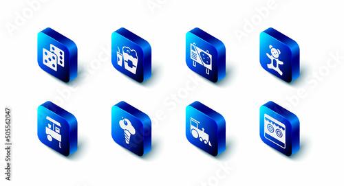 Set Popcorn in box and glass, Amusement park billboard, Teddy bear plush toy, Shooting gallery, Toy train, Ice cream waffle cone, Fast street food cart and Game dice icon. Vector