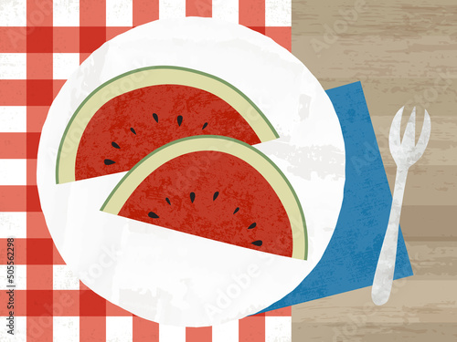 A plate of watermelon on a picnic table, in a cut paper style with textures
