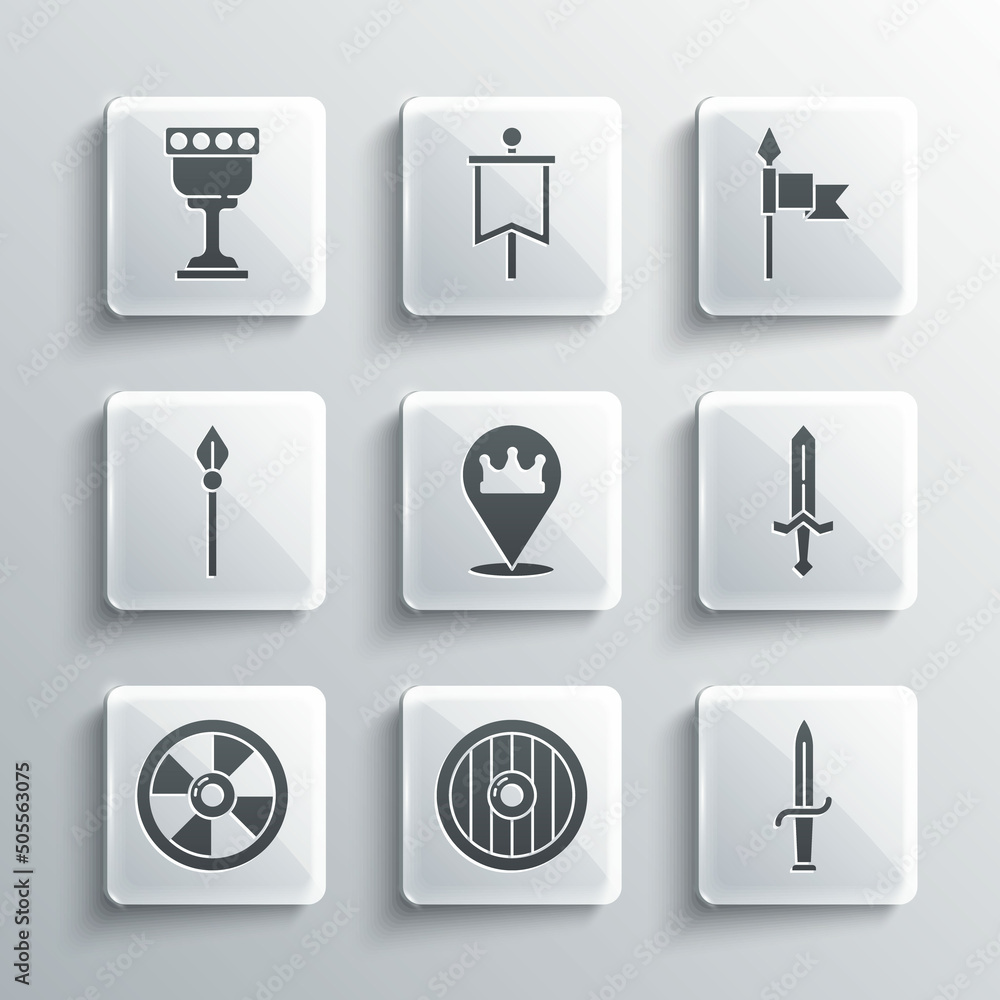 Set Round wooden shield, Dagger, Medieval sword, Location king crown, spear, goblet and icon. Vector Set Round wooden shield, Dagger, Medieval sword, Location king crown, spear, goblet and icon. Vector