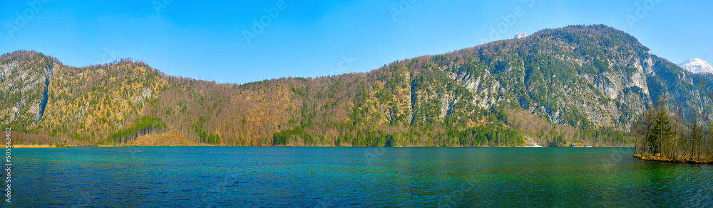 Lake Almsee in Alps mountains, Austria. Beautiful sunset landscape.