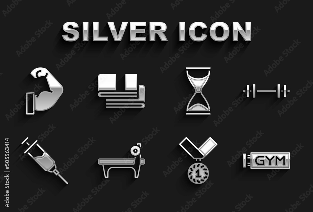 Set Bench with barbel, Barbell, Location gym, Medal, Doping syringe, Old hourglass, Bodybuilder muscle and Towel stack icon. Vector Set Bench with barbel, Barbell, Location gym, Medal, Doping syringe, Old hourglass, Bodybuilder muscle and Towel stack icon. Vector