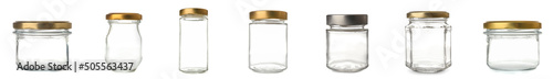 Set of empty glass jars on white background