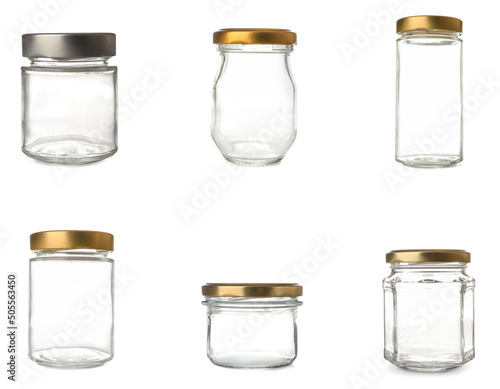 Set of empty glass jars on white background