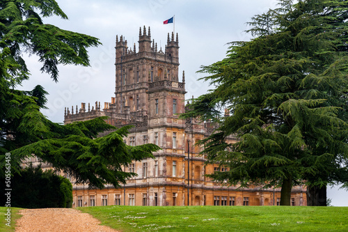 NEWBURY, HAMPSHIRE, ENGLAND - MAY 27 2018: Highclere Castle, a Jacobethan style country house, home of the Earl and Countess of Carnarvon. Setting of Downton Abbey - UK photo